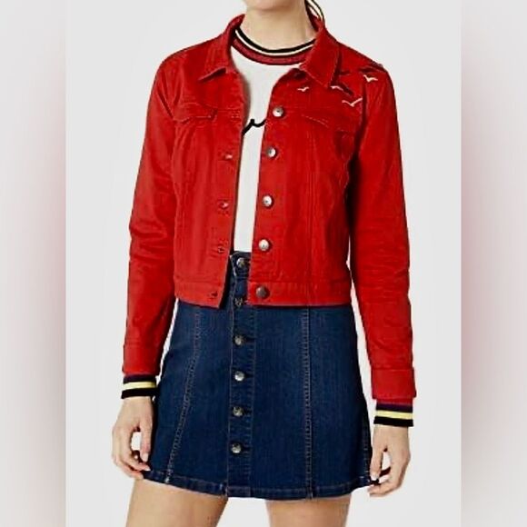 Short Cropped Denim Trucker Jean Jacket, Red, Birds, size XXS - Picture 3 of 12